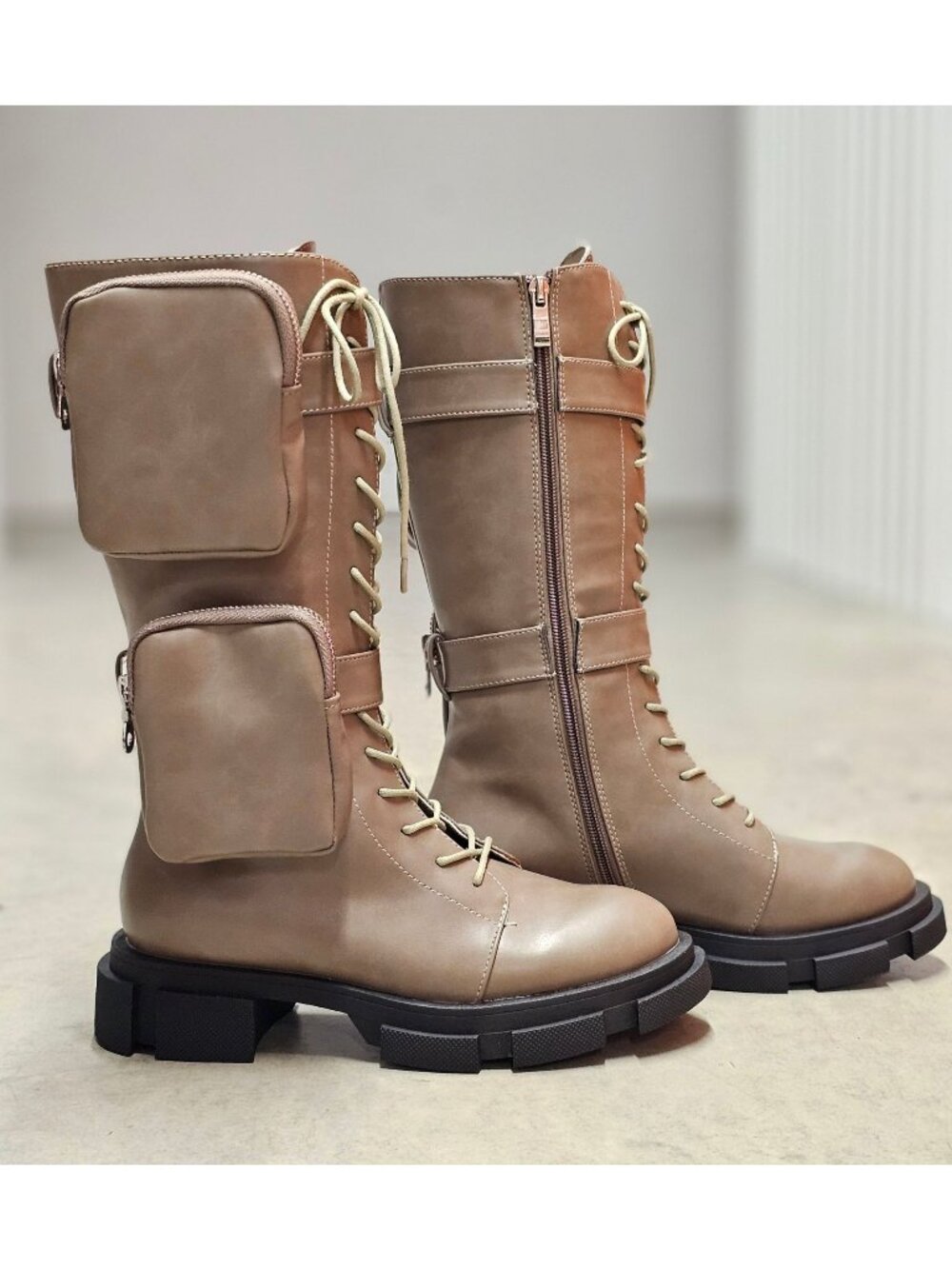 Lace-Up Utility Combat Boots With Side Pouches Chunky Soles And Side Zippers In